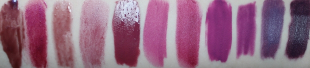 purple lipstick swatch fest (picture is in reverse order, so first on Left is Cognitive Recalibration and last one on Right is FTWindu)